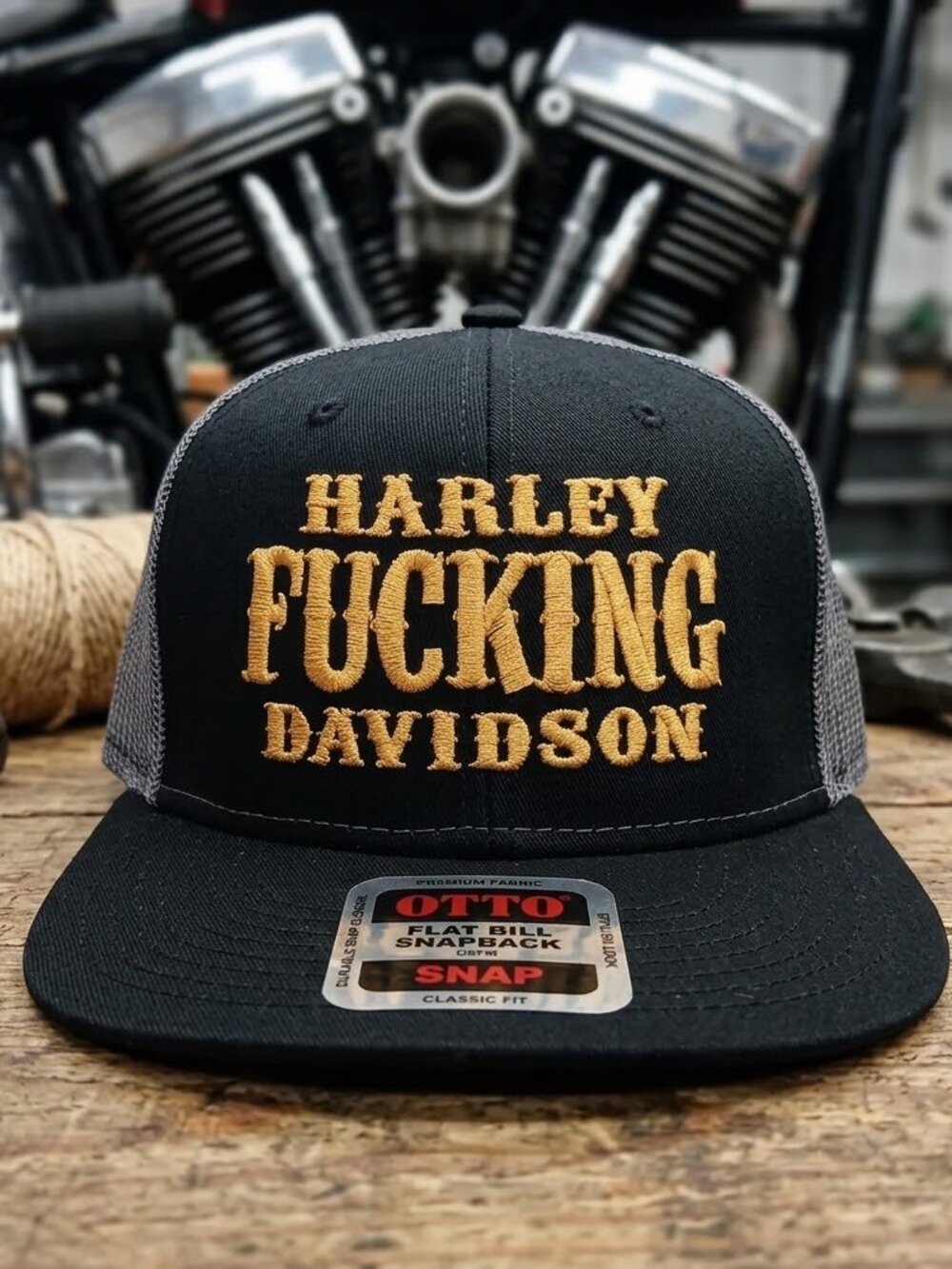 Outlaw Biker Chopper Motorcycle Black Grey OTTO Flat Bill Snapback Hat New Retro